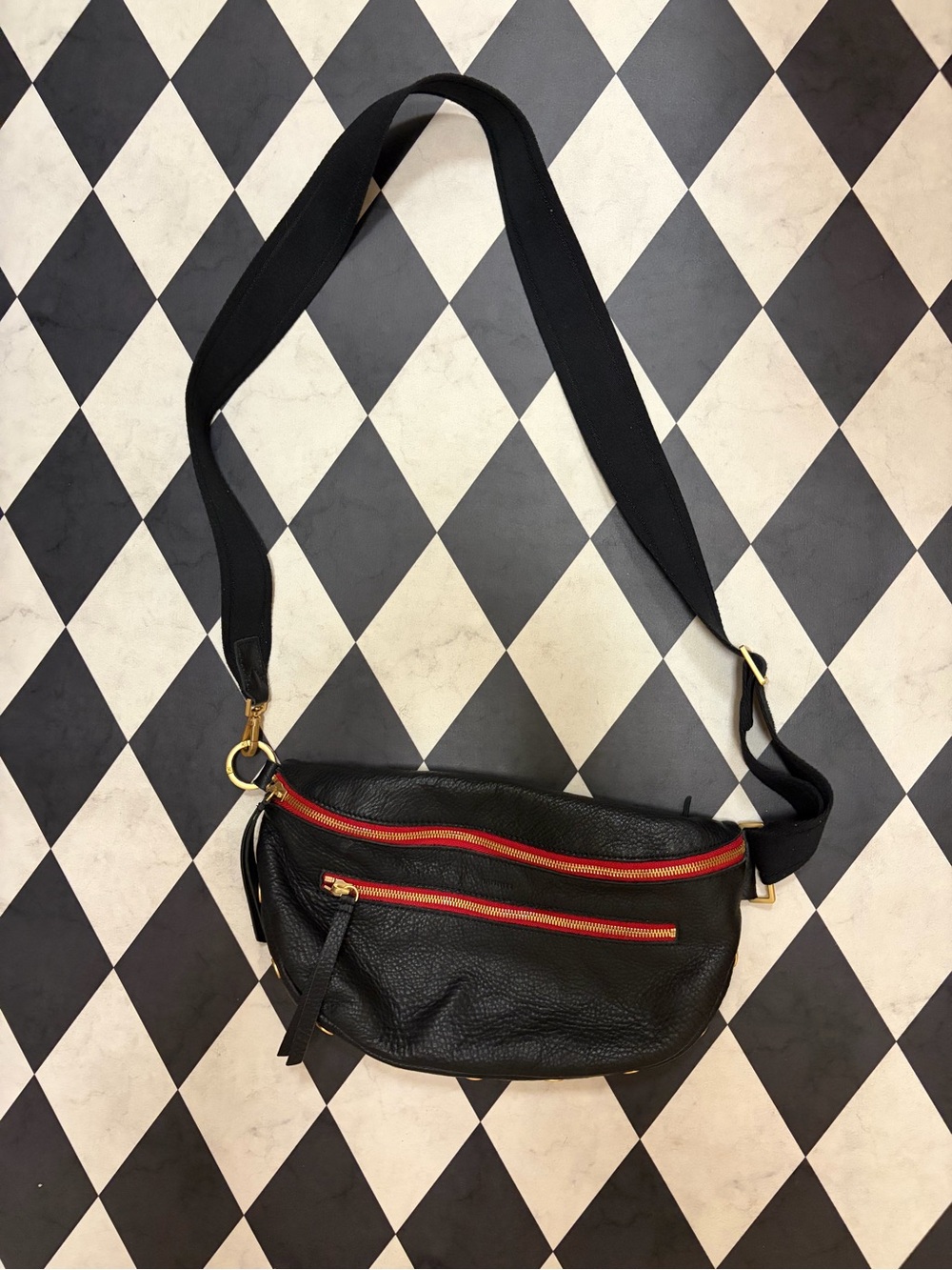 Hammitt Charles Lrg Black/Brushed Gold Leather Crossbody Belt Bag with Red-Trim - Picture 8 of 12
